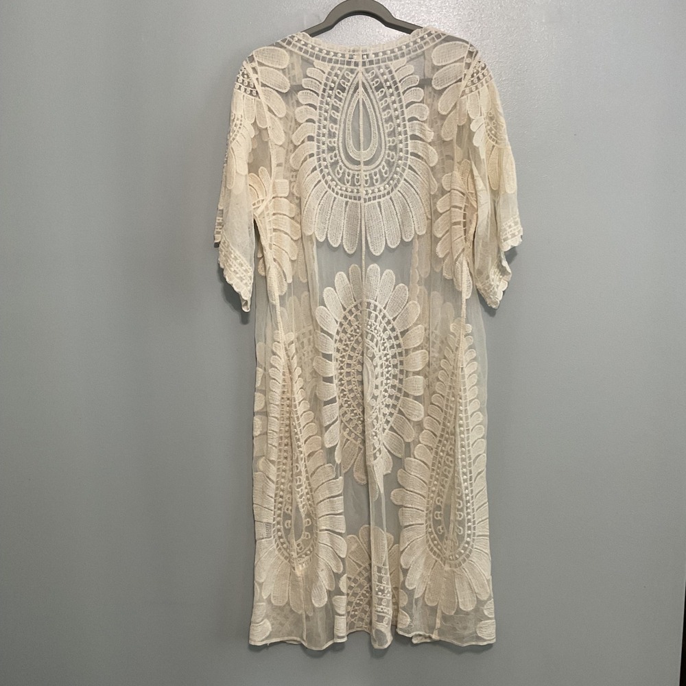 Rebellion Again Lace Duster Women Medium Cream Floral Mesh Boho Long Kimono - Picture 2 of 3